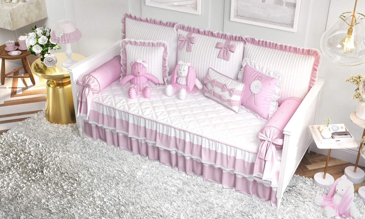 Kit Cama Babá Tricot Luxo Rosa