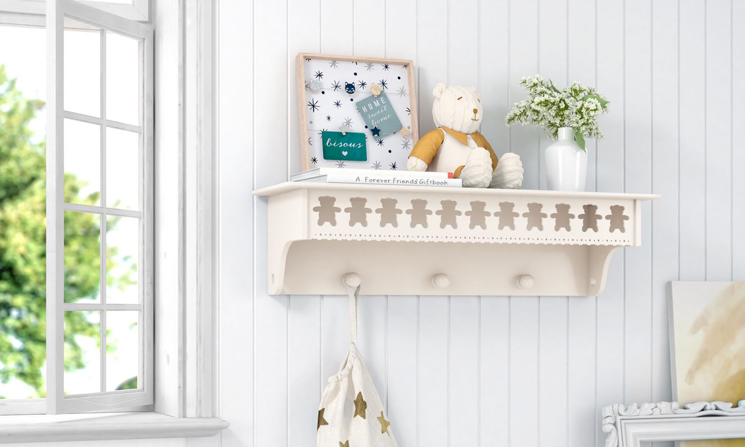 Prateleira com Cabideiro Ursinho Theodore Rosa