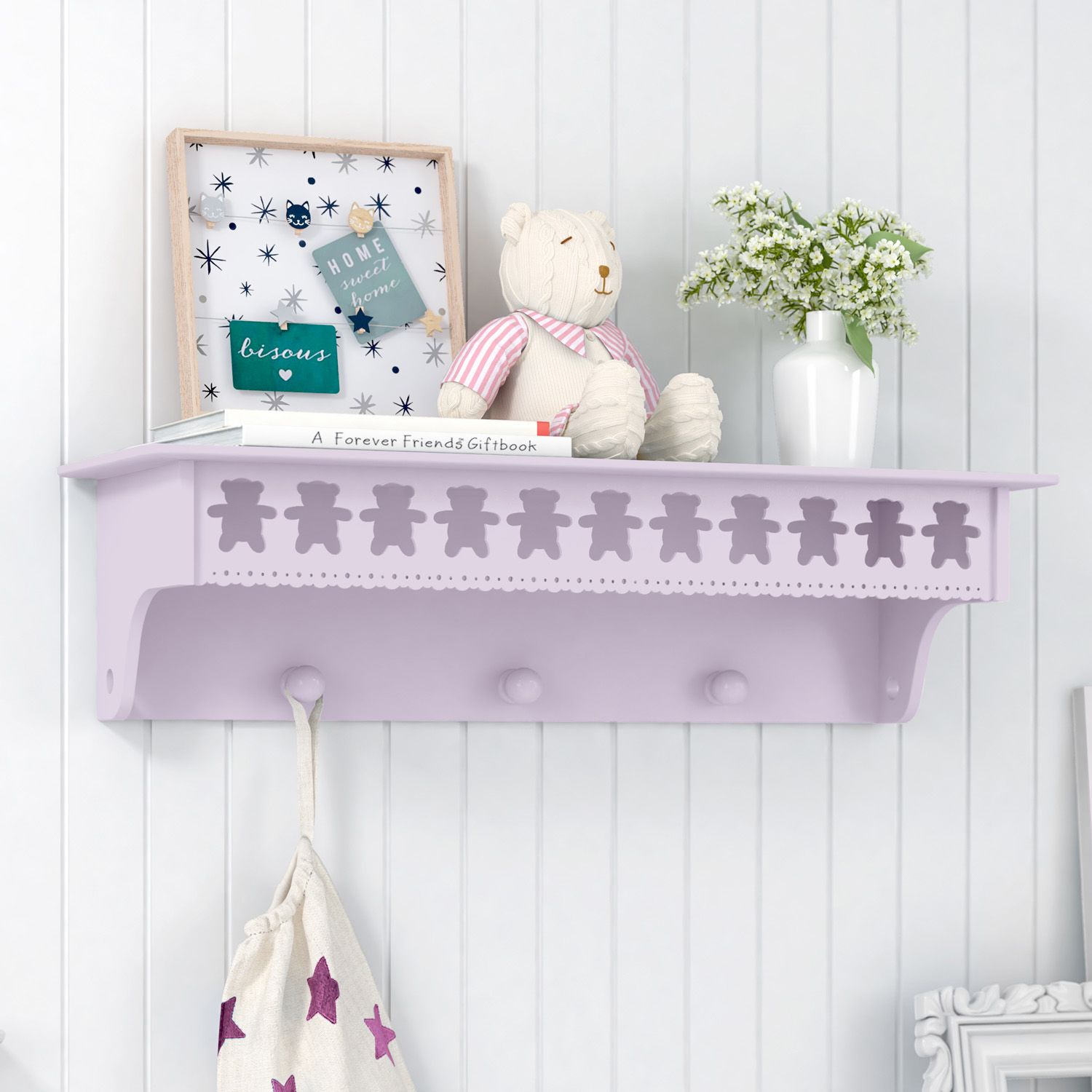 Prateleira com Cabideiro Ursinho Theodore Rosa