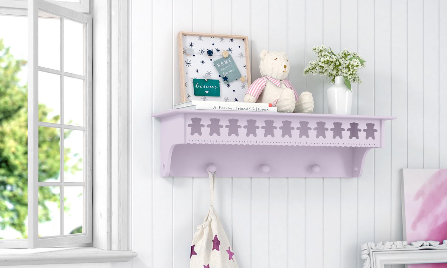 Prateleira com Cabideiro Ursinho Theodore Rosa