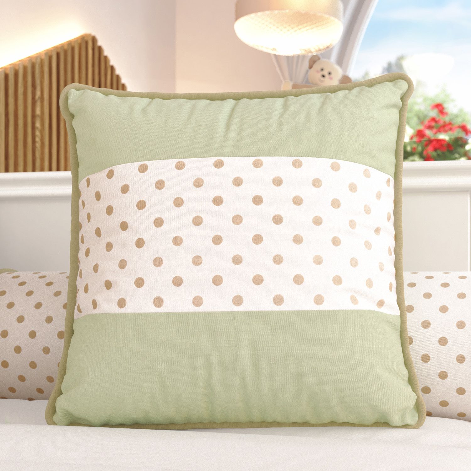 Almofada Quadrada Faixa Poá Cinza e Rosa 38cm