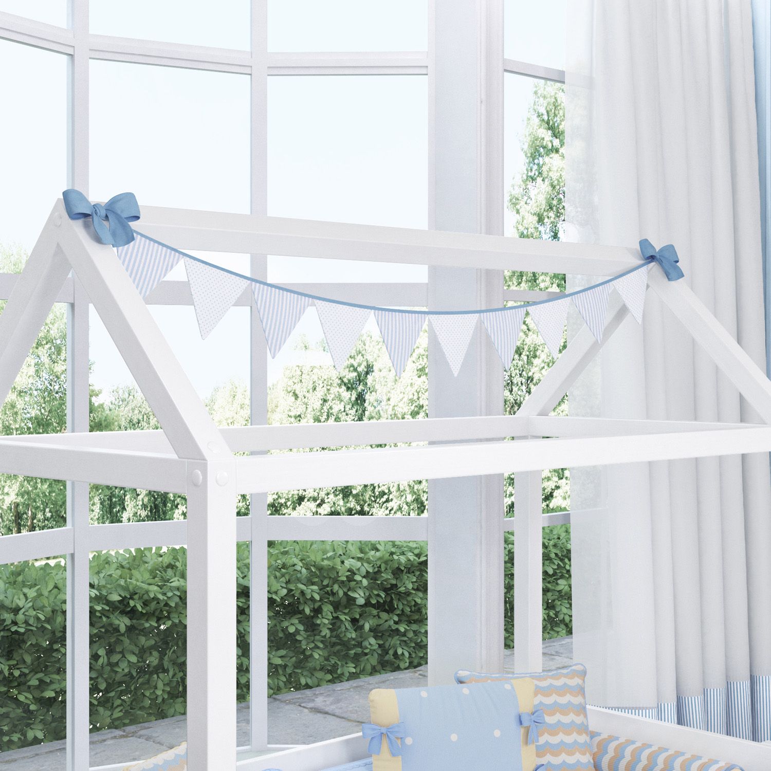 Varal de Cama Bandeirinhas Listras e Poá Azul 1,60m