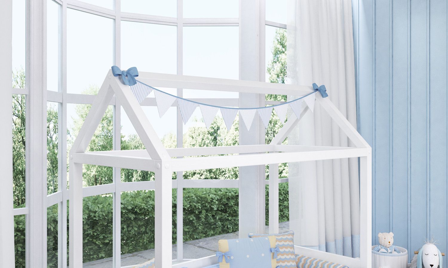 Varal de Cama Bandeirinhas Listras e Poá Azul 1,60m