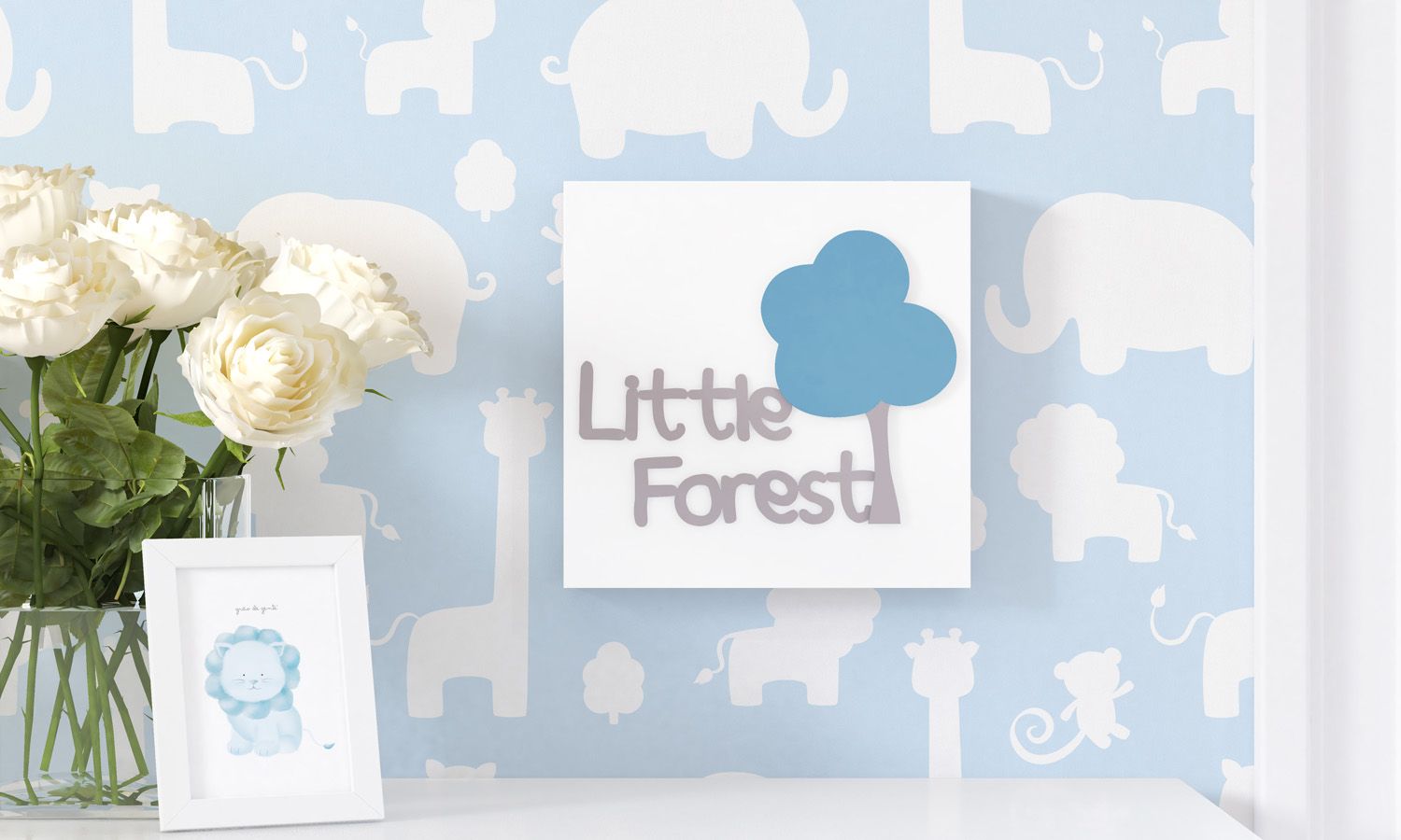 Quadro MDF Árvore Amiguinhos Safári Azul 20cm