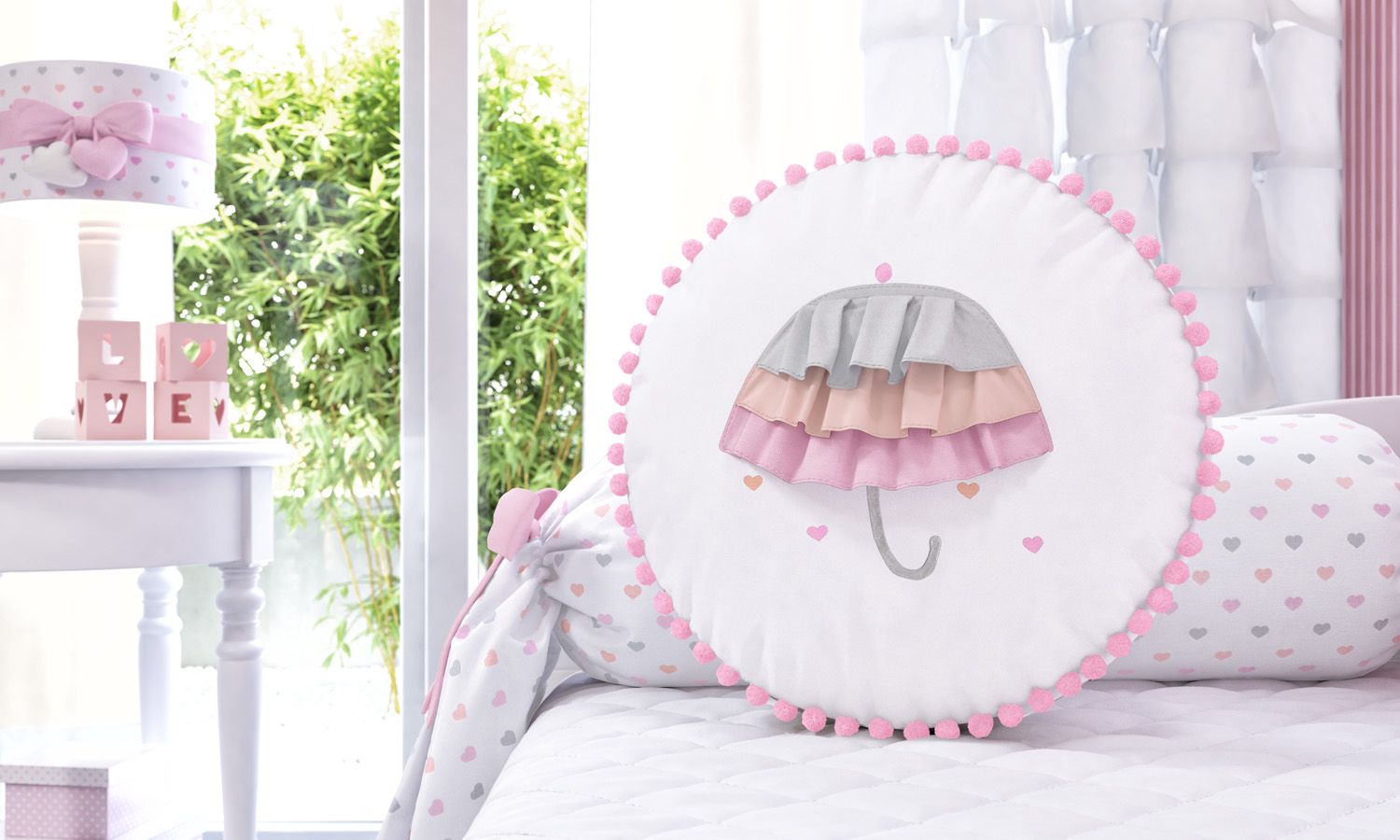 Almofada Redonda Pompom Guarda-Chuva 35cm